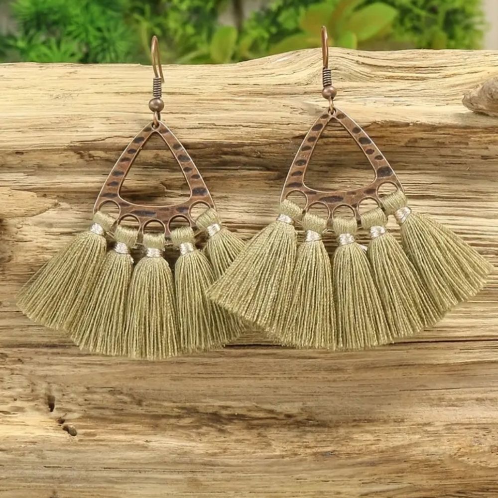 TAUPE GREEN tassel fringe earrings